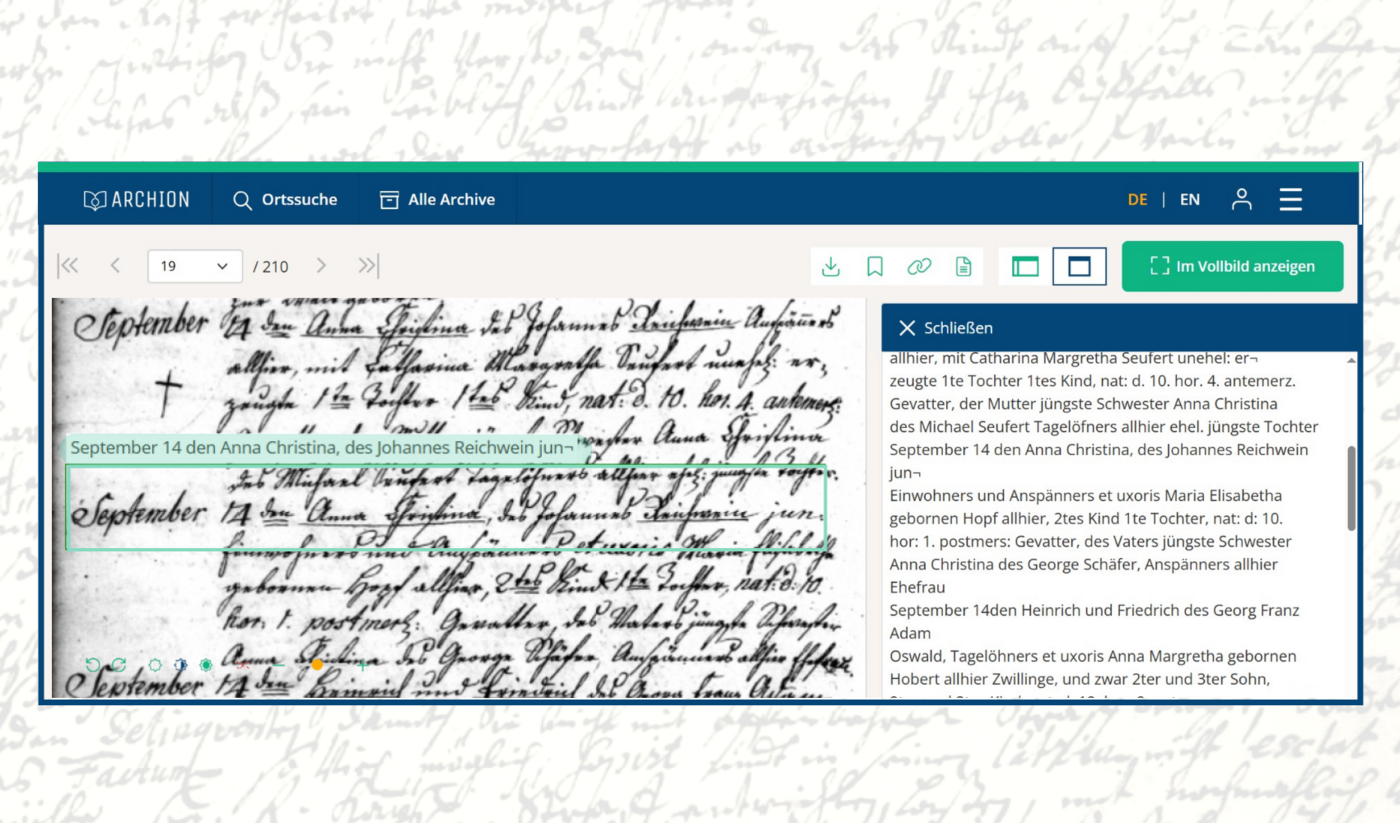 Visualizzatore di documenti Archion con riconoscimento del testo Transkribus