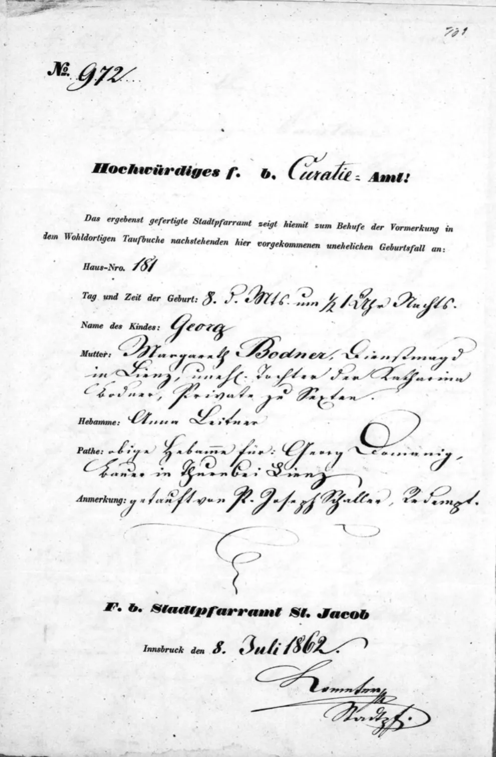 Historical birth certificate from Stadtpfarramt St. Jacob, Innsbruck 1862